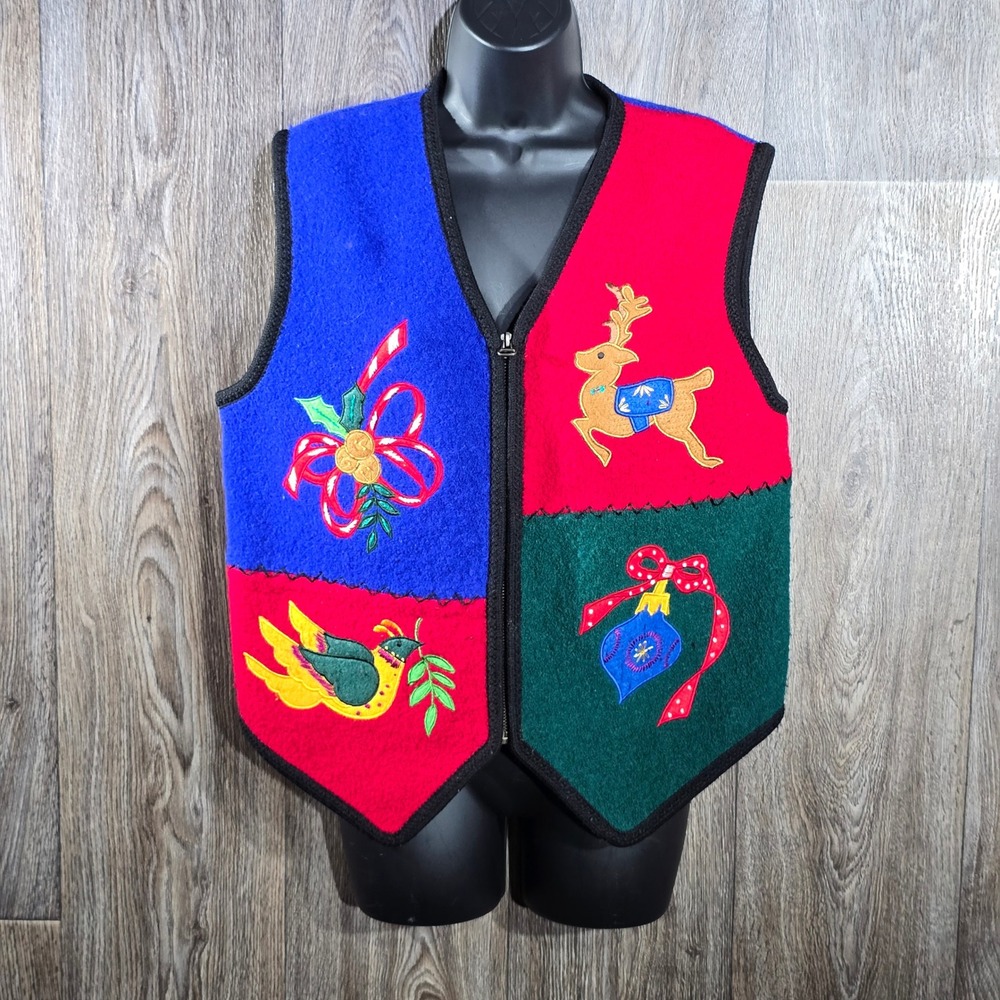 Vintage Christmas‎ Vest Medium Boiled Wool Colorful Novelty Holiday Reindeer